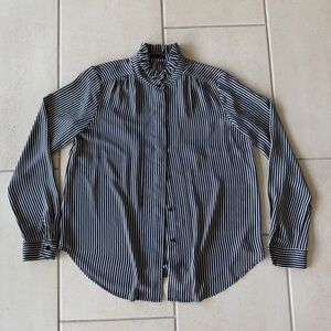 Ann Taylor Women's Navy and White Striped Button-Down Shirt - S